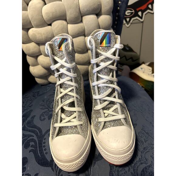 Converse Silver Glitter LGBTQ Pride Cunky Platform Heels size 7/EU 37.5 - Picture 3 of 7